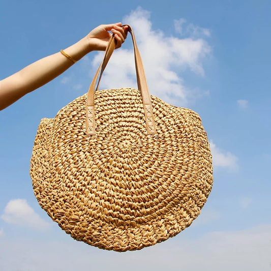 Round Straw Beach Bag Vintage Handmade Woven Shoulder Bag Raffia circle Rattan bags Bohemian Summer Vacation Casual Bags - Golden Bridge Store