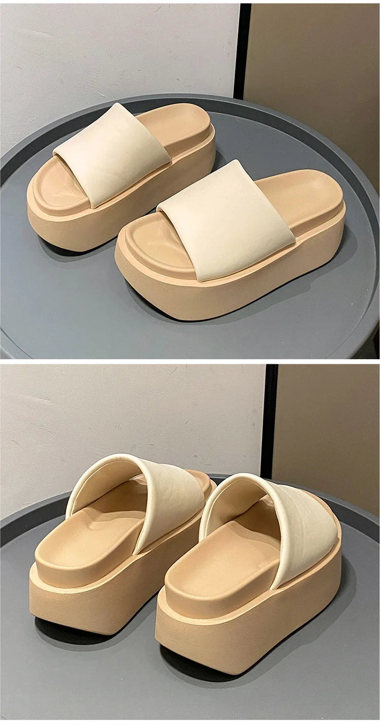 Summer Women Slippers Ladies Beach Flip-Flops Chunky Leather Shoes Wedges Heels Outside Sandals Woman High Platform Slippers 8CM
