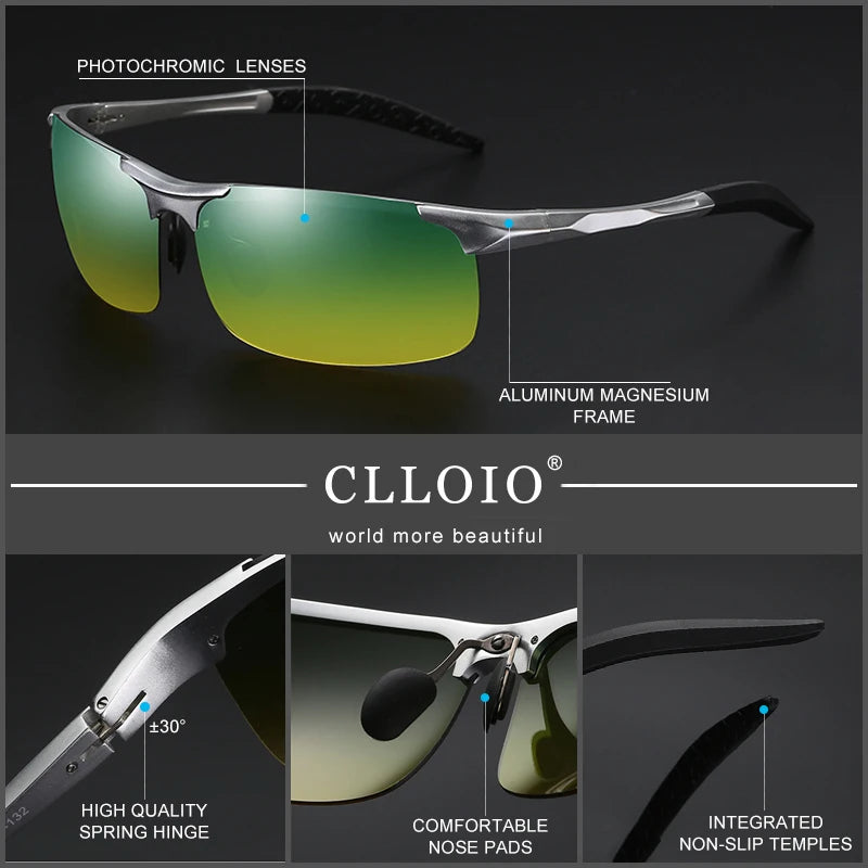 CLLOIO Aluminium Rimless Photochromic Day Night Vision Anti-Glare Glasses Men Polarized Driving Sunglasses Travel Fishing Goggle