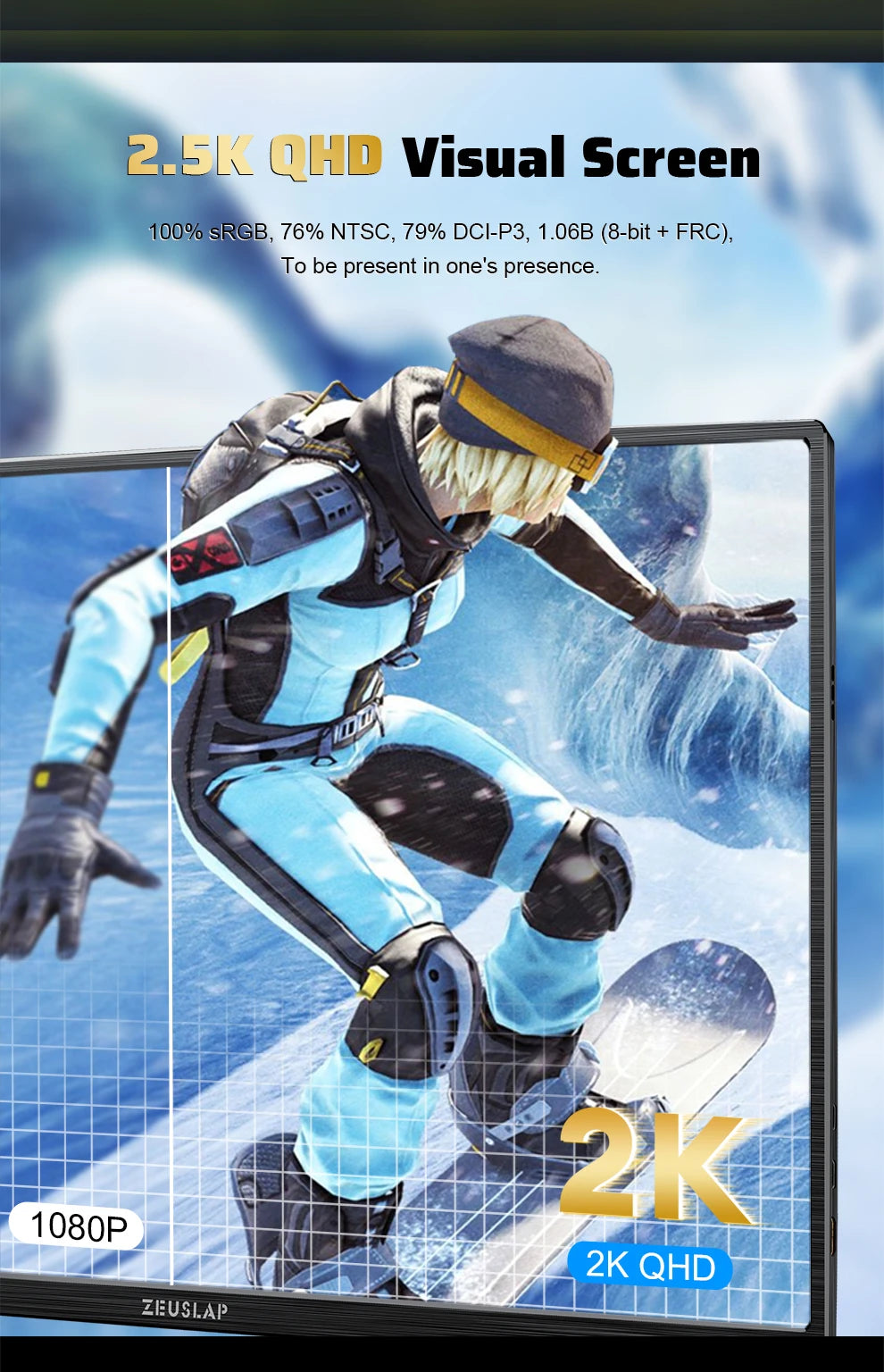 Monitor portabil ZEUSLAP de 16" 2.5K 144Hz - 2560x1600 16:10