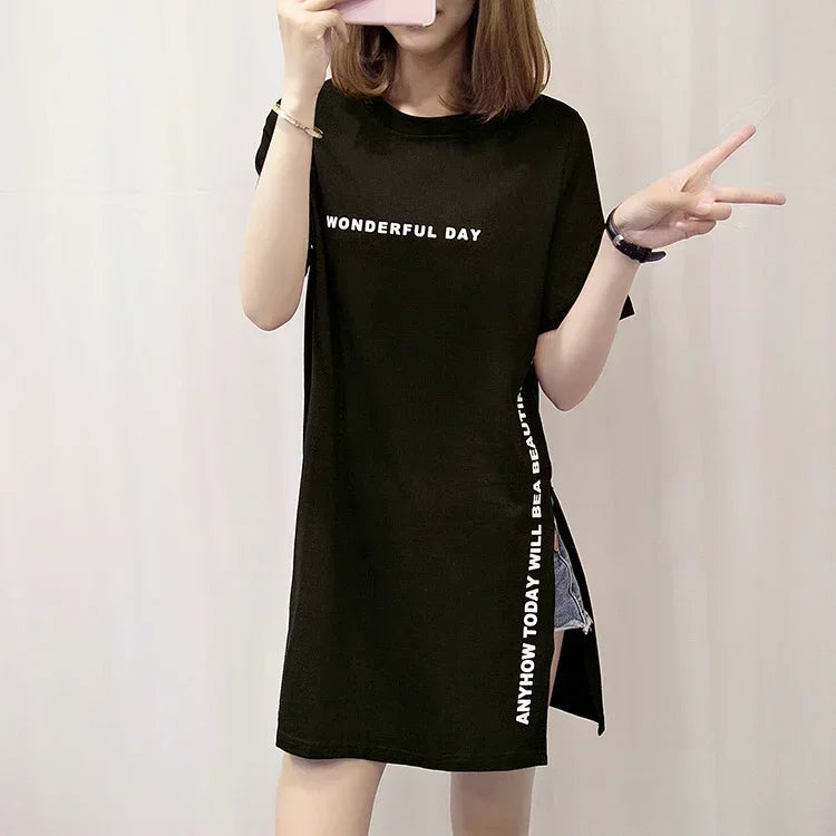 Women T-shirts Anime Y2k T Shirts Gothic tops 2023 Summer Loose Slit Femme Cotton T shirt Print Long Short Sleeve Ladies T-shirt