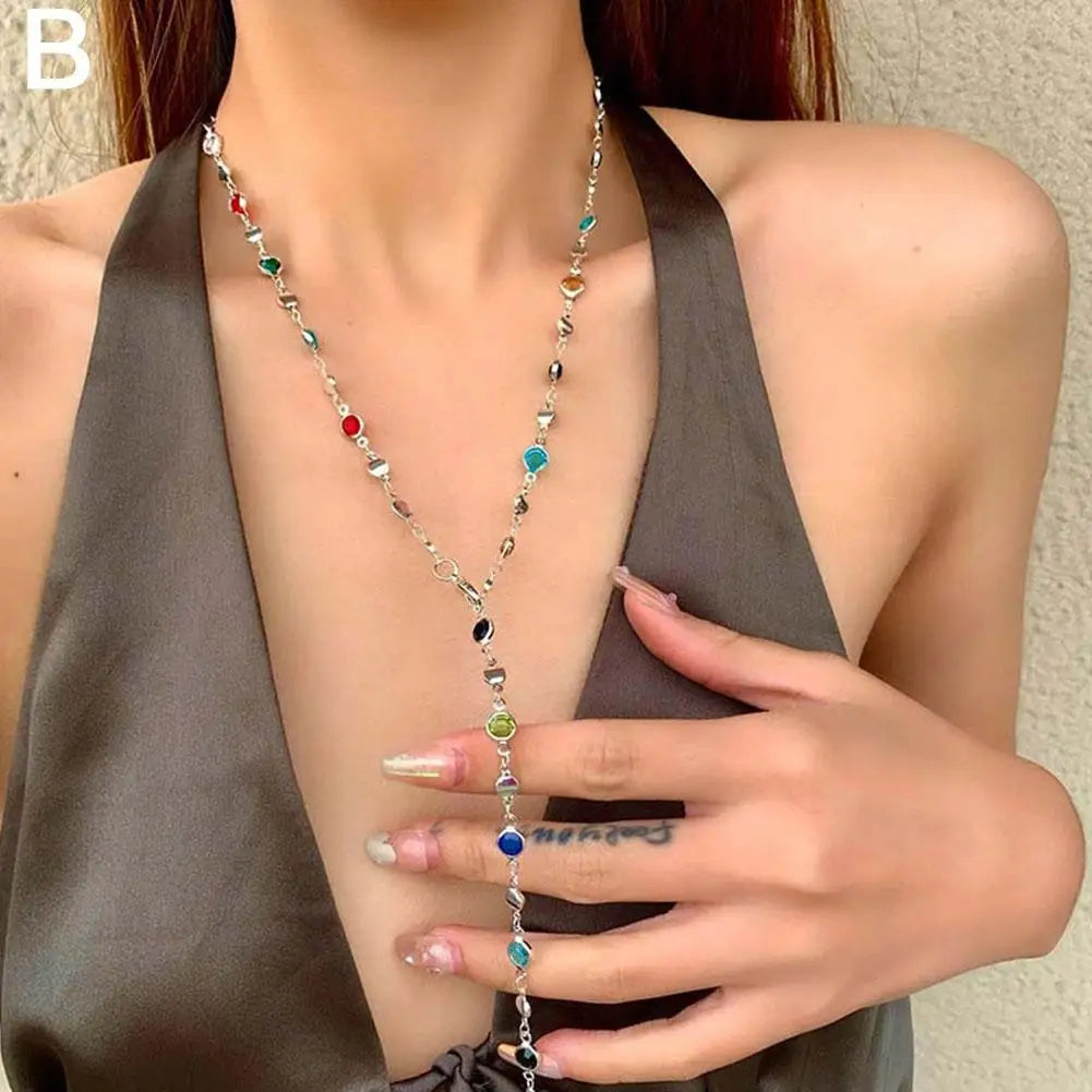 Bohemian Colorful Glass Long Y-Shaped Necklace Metal Collarbone Chain Gold Silver Color Summer Holiday Party Body Jewelry Gifts