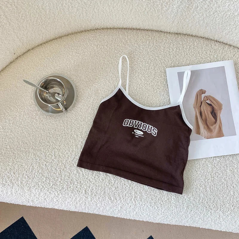 Femei topuri tanc cu burete sutien Crop topuri O-neck culoare solidă Crop topuri vară scrisoare imprimare spaghete camisol top edgy haine Y2k