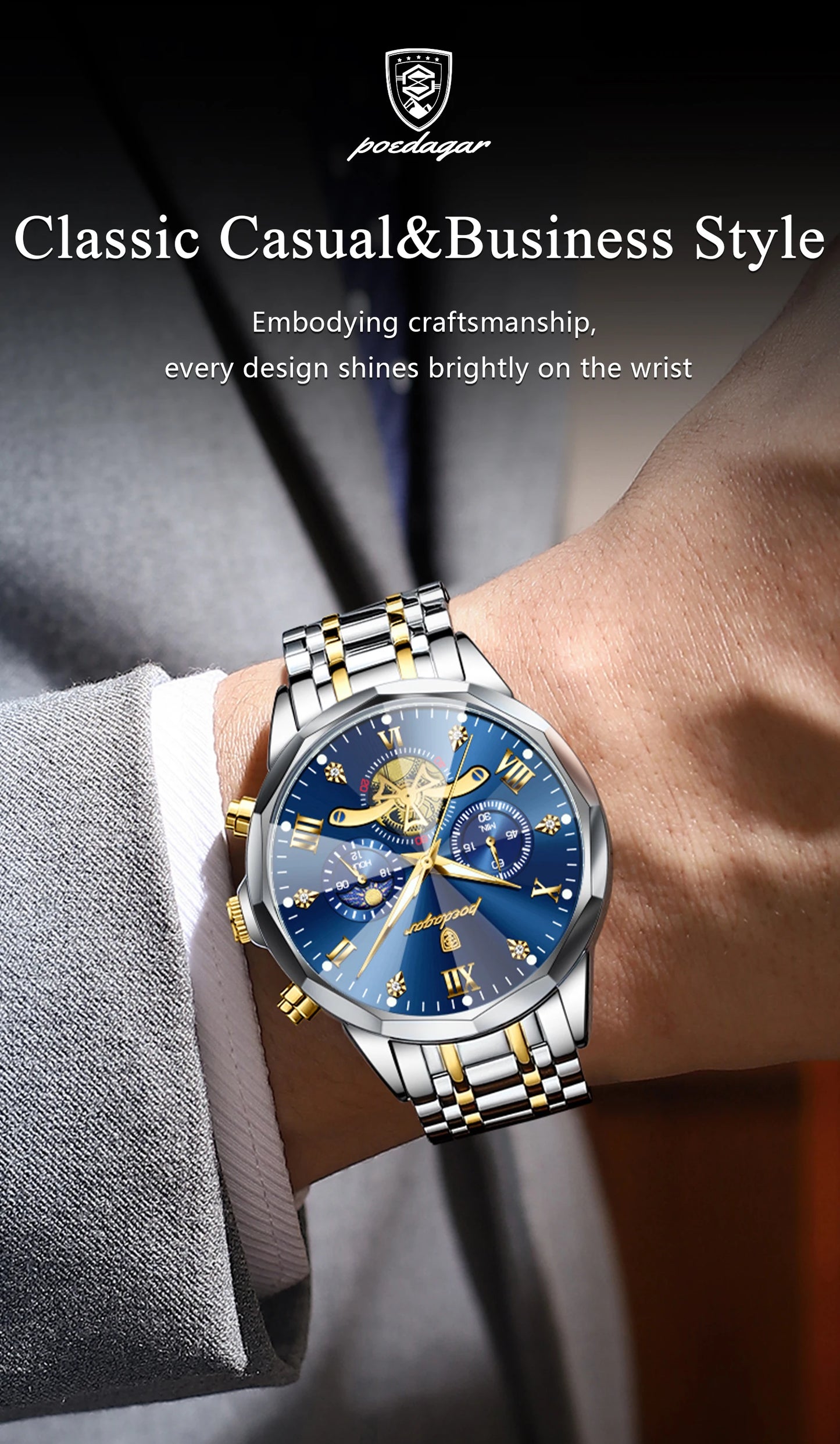 POEDAGAR Luxus Chronograph - Kapazität Batterie QUARTZ 13mm