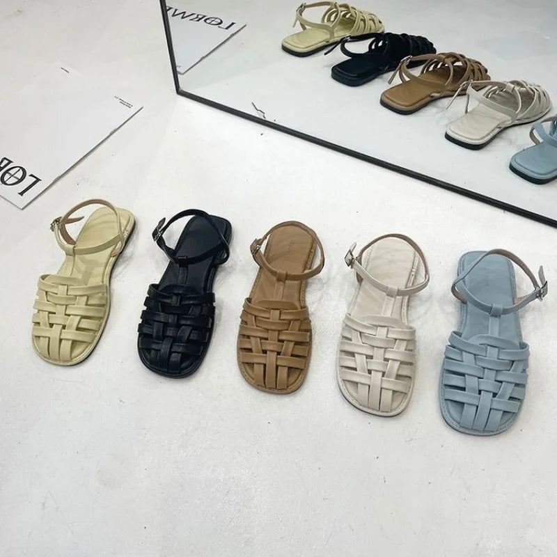 Frauen Flach Römisch Sandalen Sommer Neu Casual Runder Kopf Leicht Rutschfest Gewebt Schuhe Sommer Einfarbig Schnalle Hausschuhe