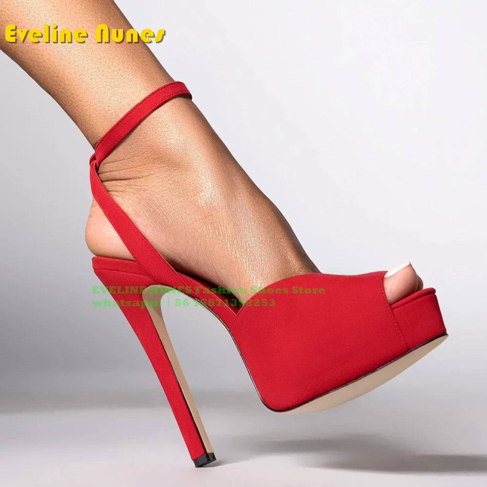 Peep Toe Platform Buckle Strap Red Sandals Pointed Toe Thin Heel Slingback elegant Women Runway Show Shoes Spicy Girl Party Trend