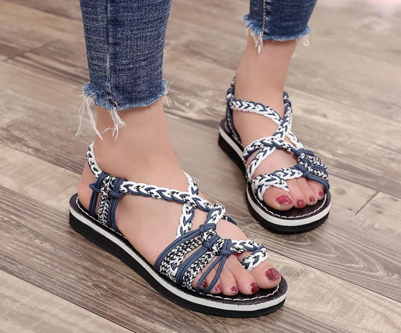 Women Sandals Summer Closed Toe Flat Romen Sandals Women Mixed Colors Rope Knot Sandals Women  Casual Beach Sandals Plus Size