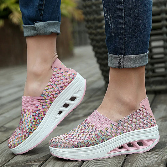 Zapatos De Mujer Sneakers Women's Mixed Color Woven Wedge Rocking Shoes Lightweight Non-slip Breathable Loafers Chaussure Femmes