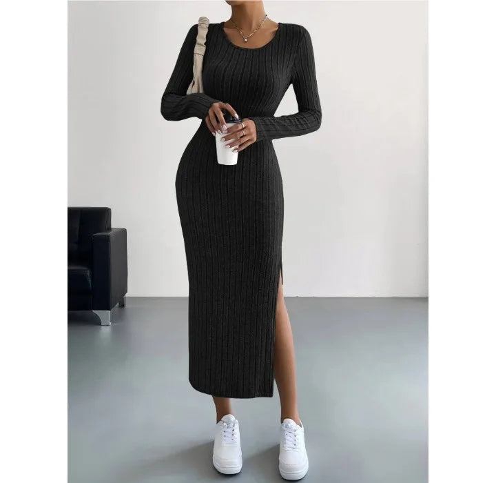 Damen Kleid 2025 - Casual Elegant Women Dresses Autumn Winter Long Sleeve Round Neck Split