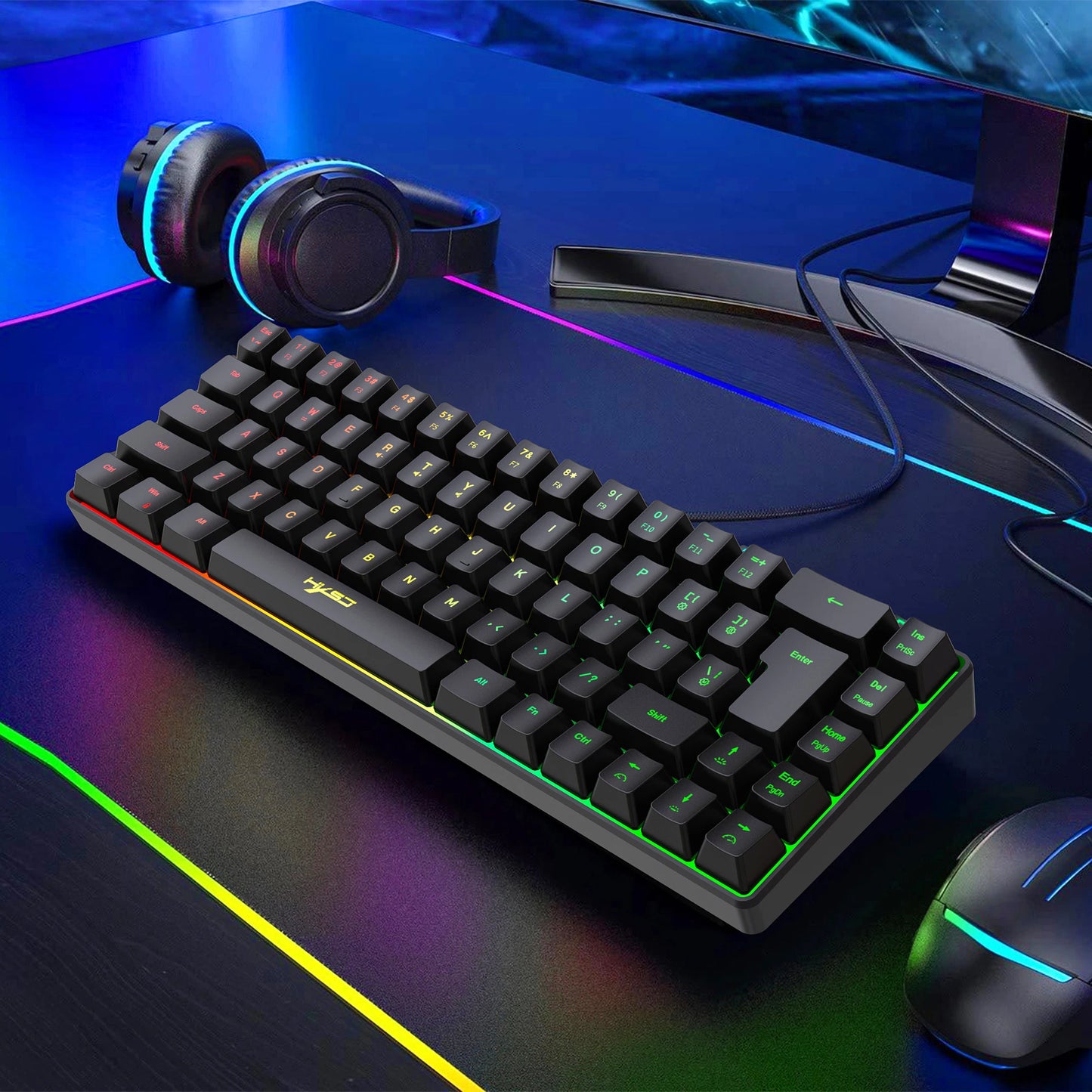 Gaming-Tastatur 2025: HXSJ 60% Percent Gaming Keyboard Ergonomische kleine Mini-Membran-Tastatur, komprimiert mit RGB-Hintergrundbeleuchtung für Windows-PC- und Laptop-Gaming
