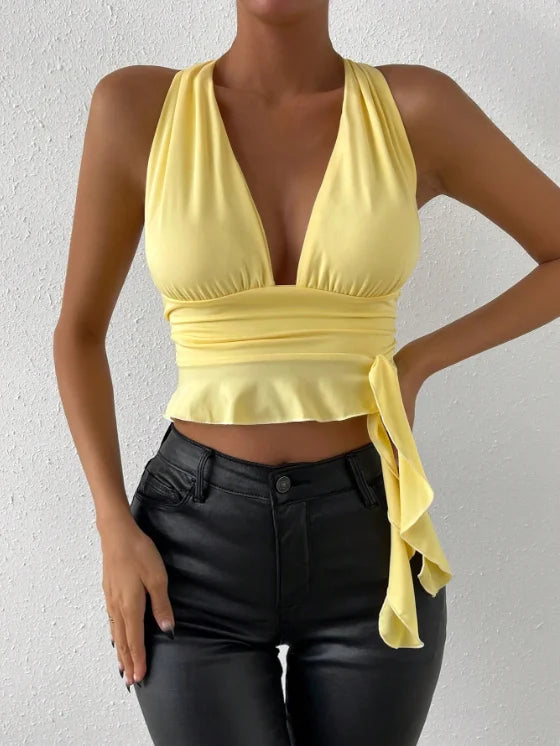 Women's elegant Tight Fitting Deep V-neck Pleated Top Tight Fitting 2024 Spring Beach Resort Nightclub New Model Women's elegant Tigh