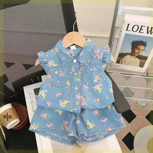 Children's Clothing Sets Floral Print Lace Sleeveless Top + Shorts 2pcs Sets  Baby Girl Outfit Set Kids Clothes for Girls