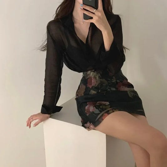Elegant Women 2 Piece Sets Black Pink Sheer See-through Long Sleeve Shirt+High Waist A-line Floral Print Skirt Sets 2pc OL Suits - Golden Bridge Store