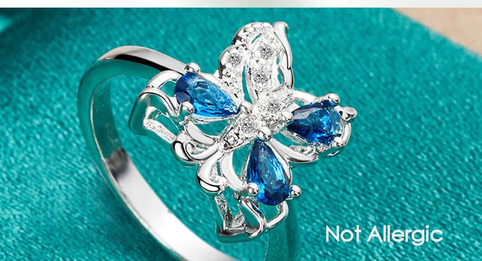 DOTEFFIL 925 Sterling Silver Blue AAA Zircon Fluture Inel Pentru Femei Moda Nuntă Logodnă Petrecere Cadou Charm Bijuterii