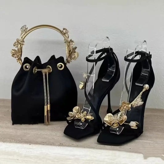 Golden Flowers Elegant Woman Heels for Womens High-heeled Sandals Women's Shoes Elegant Heel Luxury Sandal Women's