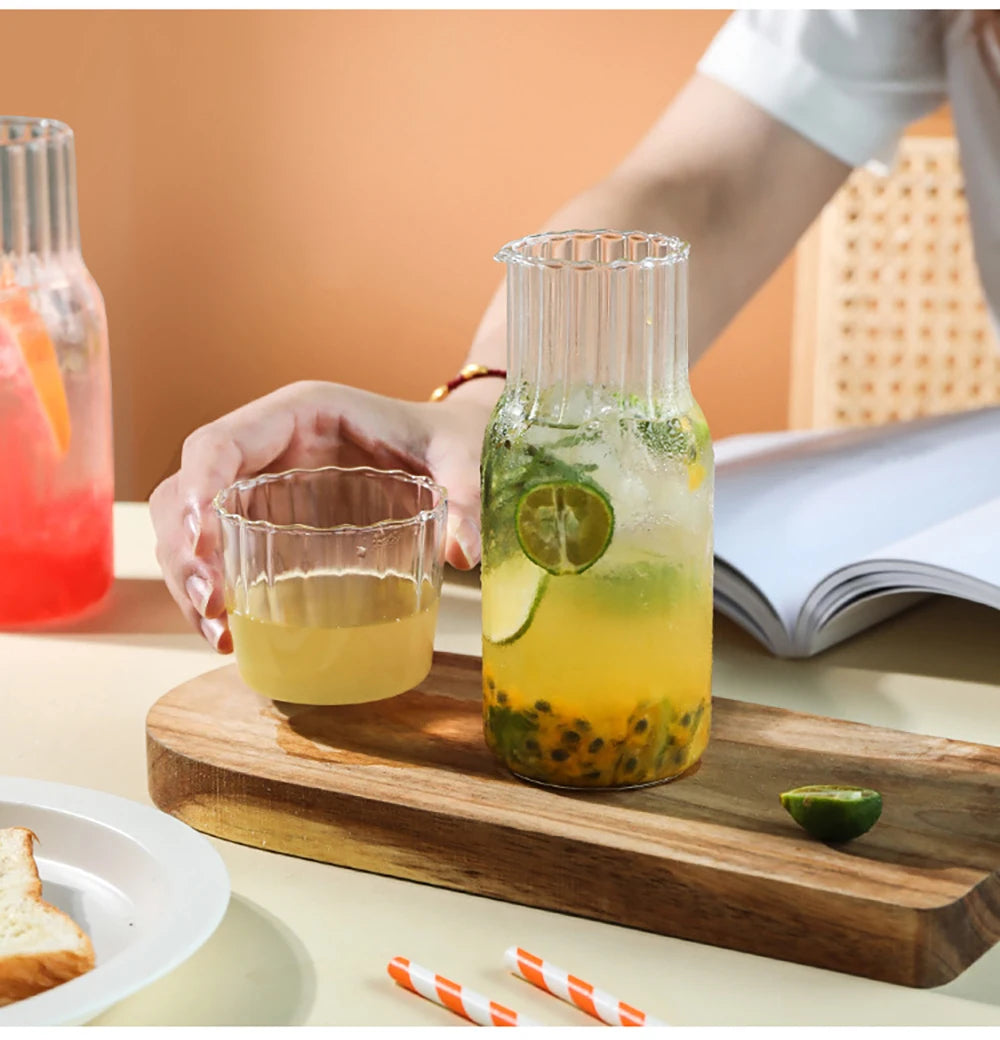 Glass Water Bottle with Glass Cup Set Drinkware Bedside Carafe with Tumbler Glasses Drinking Pitcher for Milk Beverage Tea