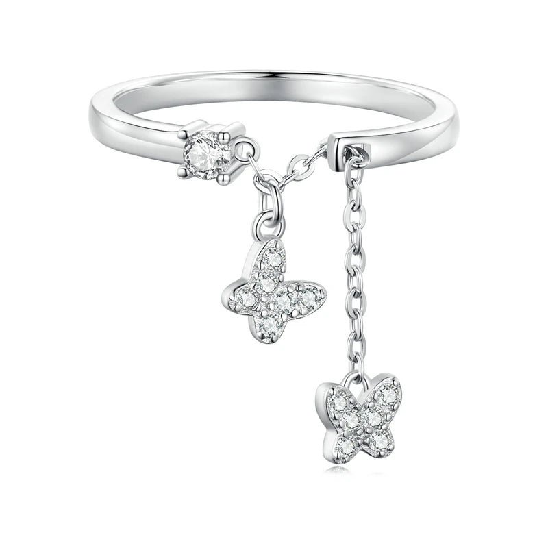 WOSTU 925 Sterling Silver Butterfly Link Open Rings pentru femei delicat strălucitor zircon reglabil inel Fine Party bijuterii cadou