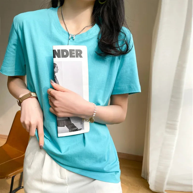 Women T-shirts 2025 Tops Solid Short Sleeve Loose O-neck Cotton Casual Ladies Shirts Harajuku Korean Summer Woman Tshirts - Golden Bridge Store