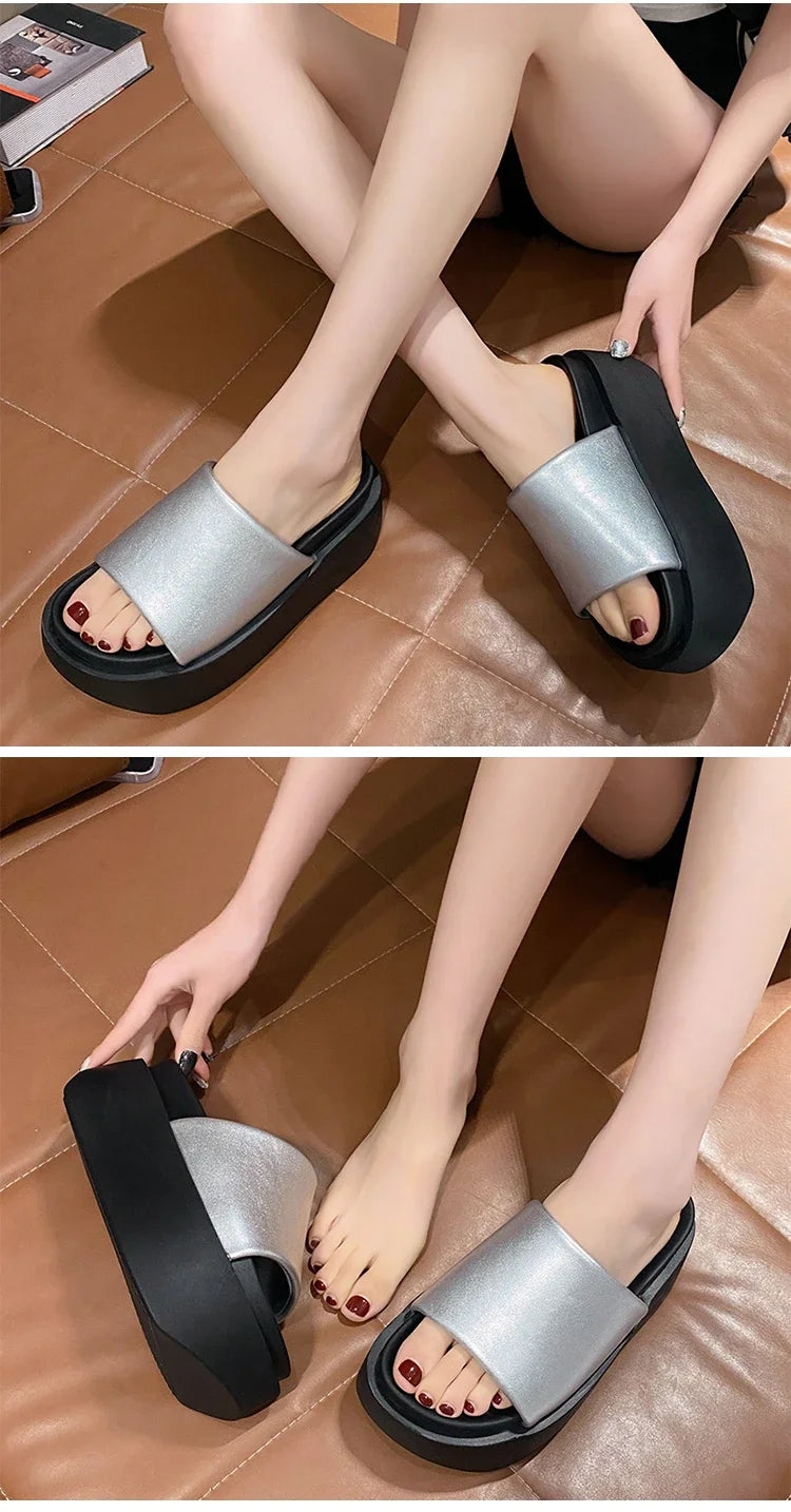 Summer Women Slippers Ladies Beach Flip-Flops Chunky Leather Shoes Wedges Heels Outside Sandals Woman High Platform Slippers 8CM