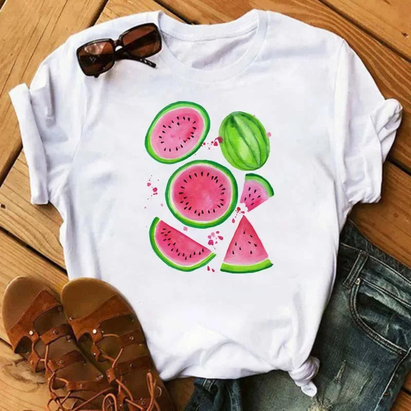 Women's T-shirt Fashion Fruit Watermelon Print Women's T-shirt Spring/Summer Cute Short Sleeved Top T-shirt Clothing - Golden Bridge Store