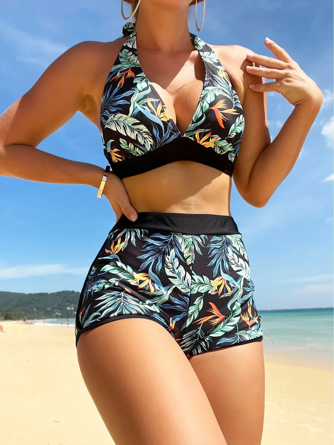 Halter Bikini Set Kurzer Schwimmanzug Frauen High Waist Bedruckte Bademode
