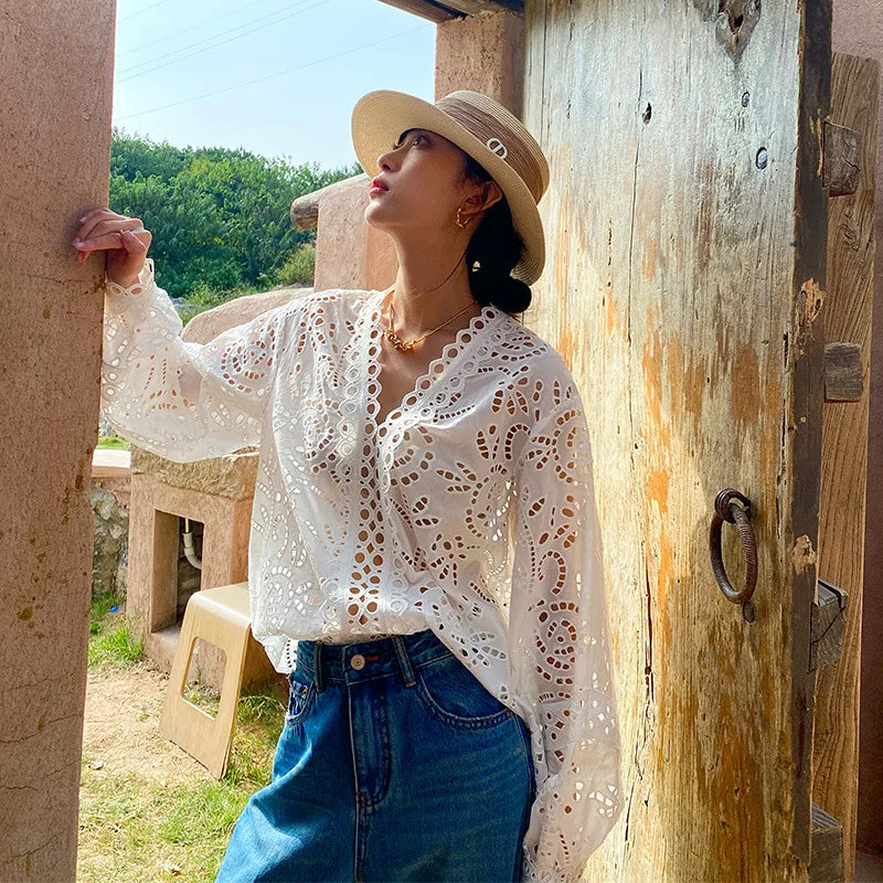 Floral Eyelet Embroidery White Blouse Women's Long Sleeve V-Neck Casual Cotton Shirt 2025 Spring/Summer New in Holiday Clothes
