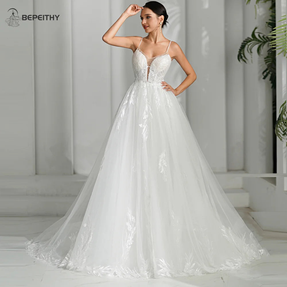 BEPEITHY Customized V-Hals Cap-Sleeves Prinzessin Hochzeitskleider Für Frauen 2025 Frühling Spitze Boho Brautkleid