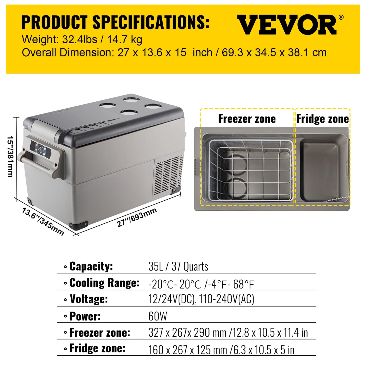 VEVOR 20L 22L 35L 45L 55L Auto-Kühlschrank Mini-Kühler Komprimier-Kühler 12/24V DC 110-240V Eisbox für Camping