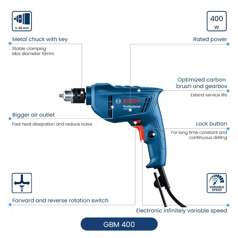 Bosch Electric Drill Screwdriver Gbm 400/6RE/10RE Rotary Drill 220V Adjustable Speed Strong Driller Power Tool for Wood Metal