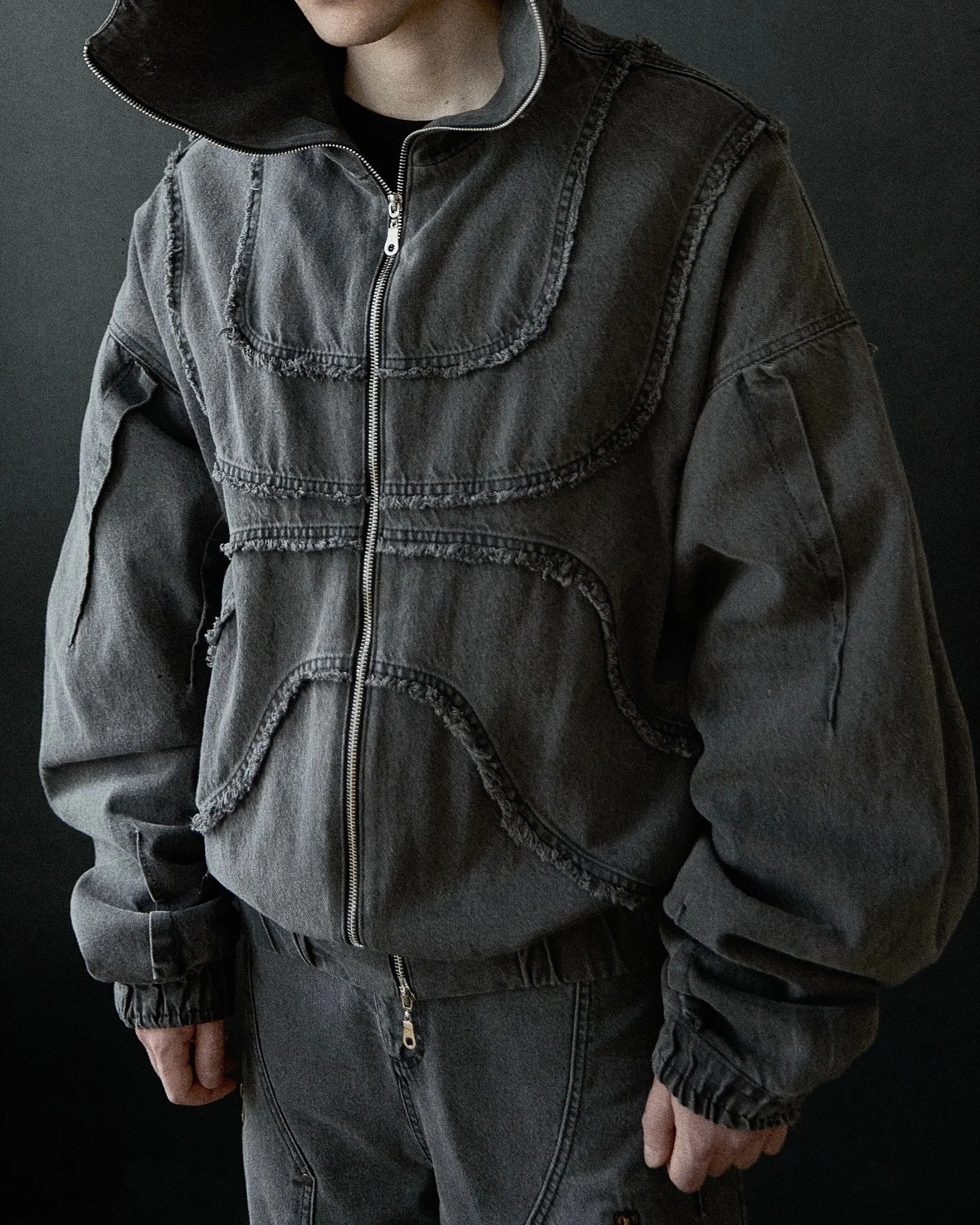 Washed Denim Jacket Y2K American Double Zipper Stitching Flanging Design Streetwear Gothic High Street Oversized Unisex Pullover