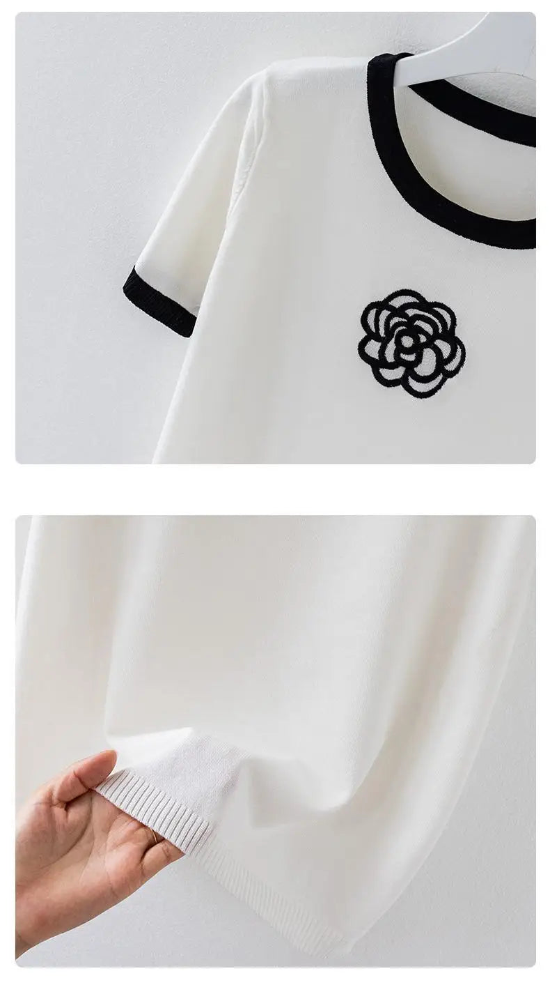 Knitted T Shirt for Women Summer Flower Embroidery Designer Luxury Clothes Slim Tops Women's Short Fashion Short Sleeve T-shirt
