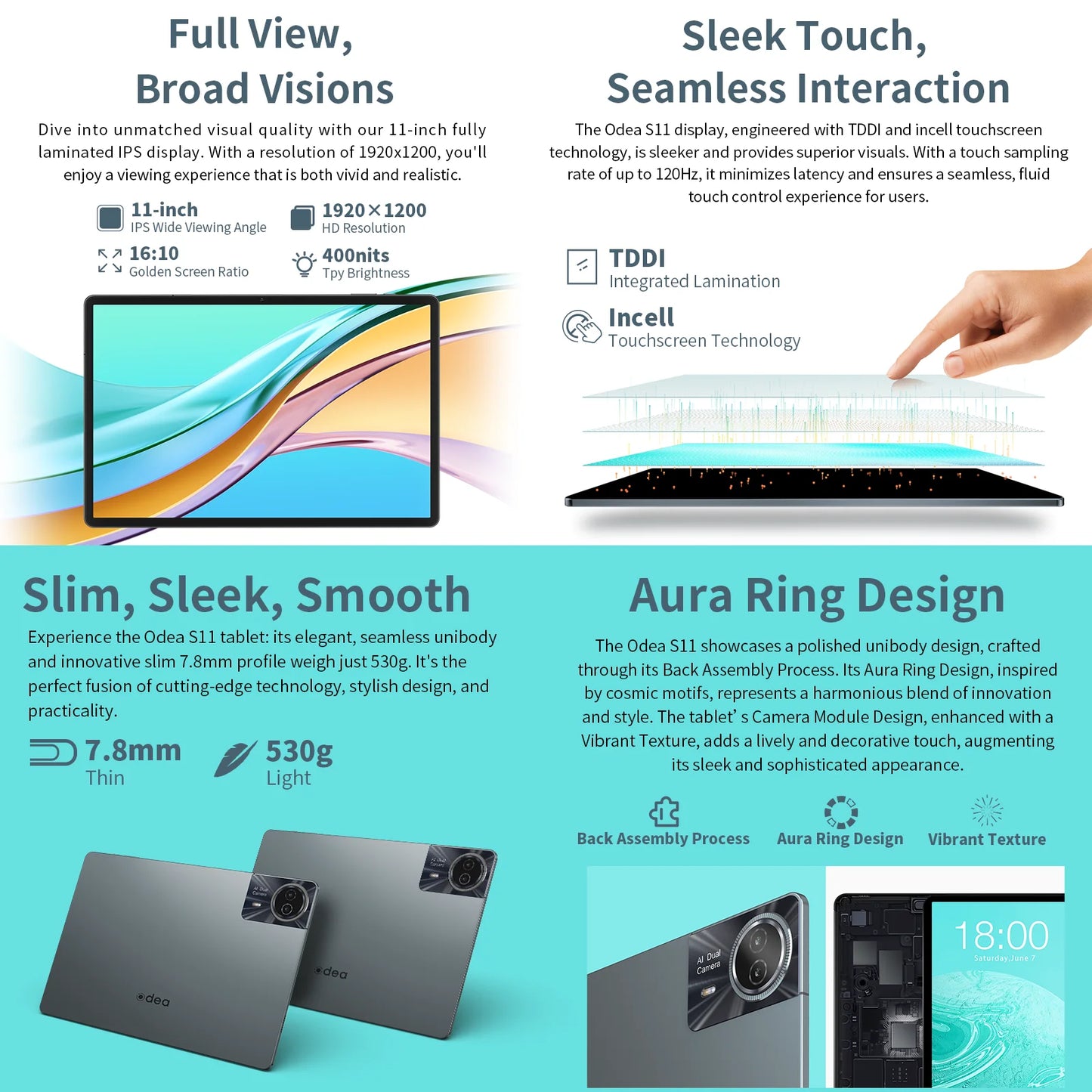 Odea S11, 11 inch TDD, 8000Mah, tabletă Android 14 (expansiune 6Gb+10Gb), 16Gb RAM, 256Gb ROM, rezoluție 1920X1200 IPS, Unisoc T606, 8 nuclee, Mali-G57, 4G LTE, Wifi, GPS, 2 sloturi SIM + 1 slot pentru telefon, Widevine L1 pentru Netflix.