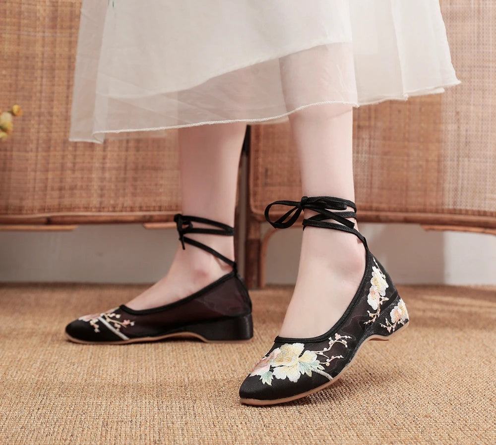 Ballerinas 2025: Veowalk Long Ankle Strap Summer Women Gauze Mesh - Embroidered Ballet Flats Breathable Comfortable Walking Shoes Elegant Lady Collection