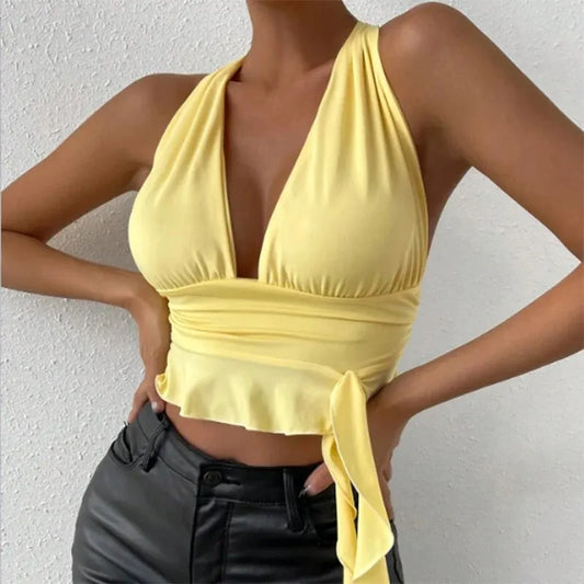 Women's elegant Tight Fitting Deep V-neck Pleated Top Tight Fitting 2024 Spring Beach Resort Nightclub New Model Women's elegant Tigh