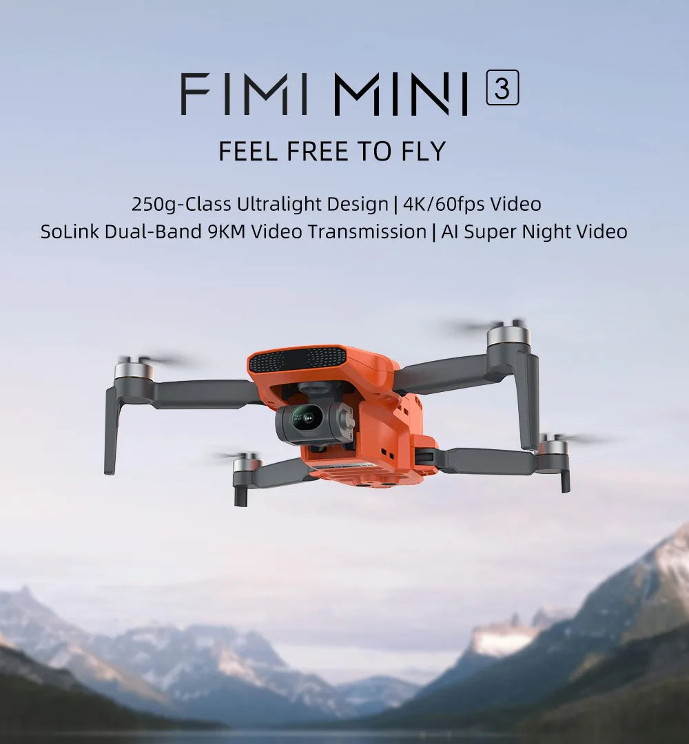 FIMI MINI 3 Dronă cu cameră nouă, 249g, 4K, 60fps, video nocturn AI Super, distanță de zbor de 9KM, senzor de 1/2 inch și 48MP, mini dronă pro