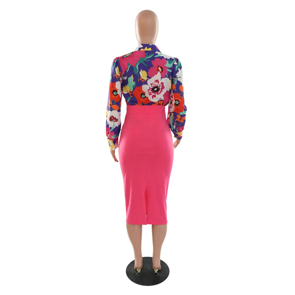 Elegant 2 Piece Set Women OL Outfits Fashion Business Long Sleeve Print Blouse Shirt High Waist Bodycon Skirt Sexy Office Work