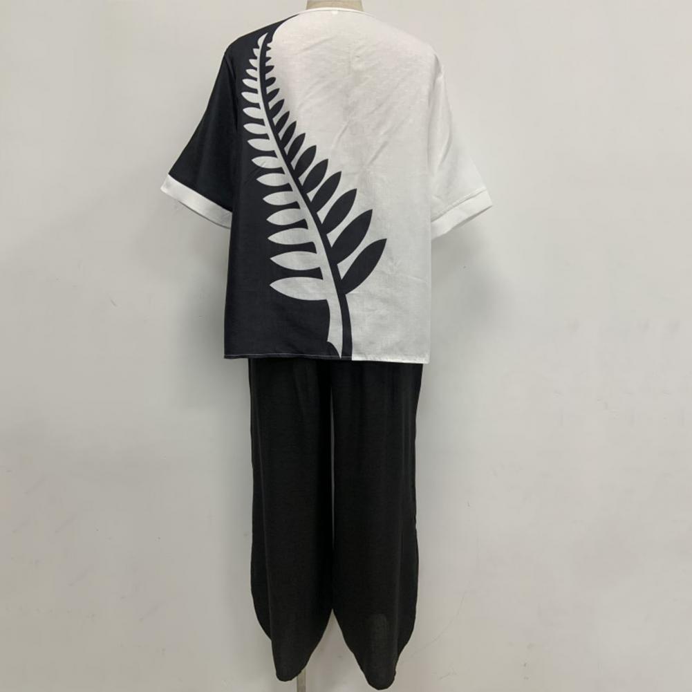 Elegant  Women Outfit Breathable Flower Pattern Blouse Trousers Half Sleeves Soft Blouse Pants Spring Clothes