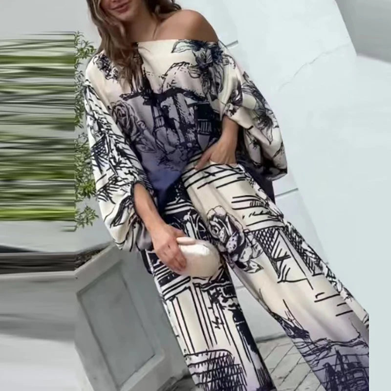 Costum elegant pentru femei, două piese, cu cămașă cu mânecă lungă și nasturi, și pantaloni largi, la modă, model imprimat, set de birou