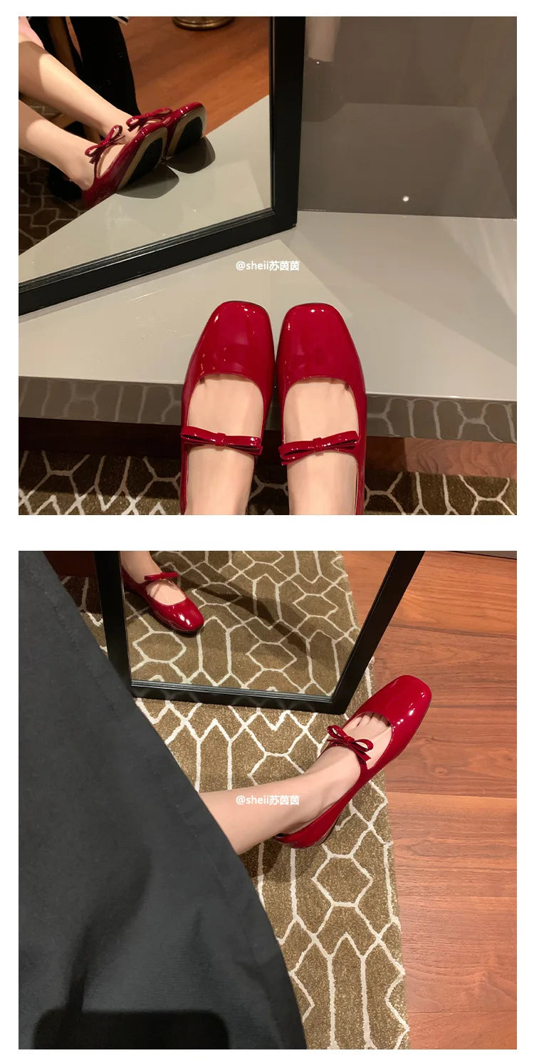 Ballet Falts Shoes for Women Bow Tie Elegant Women's Loafers Shoes with Low Heels Black Leather Mary Janes Desinger Shoes Ladies