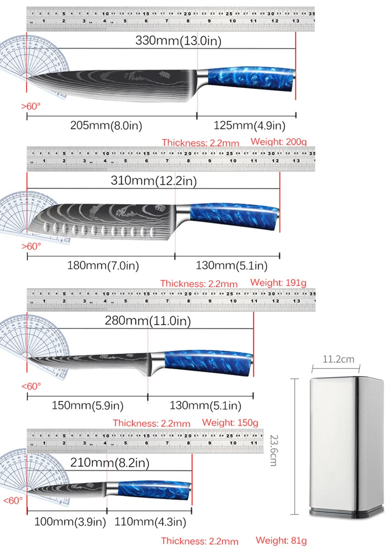 Küchenmesser-Set 2025: High Carbon Stainless Steel 7CR17 - Damascus Pattern Cleaver Chef Santoku Collection