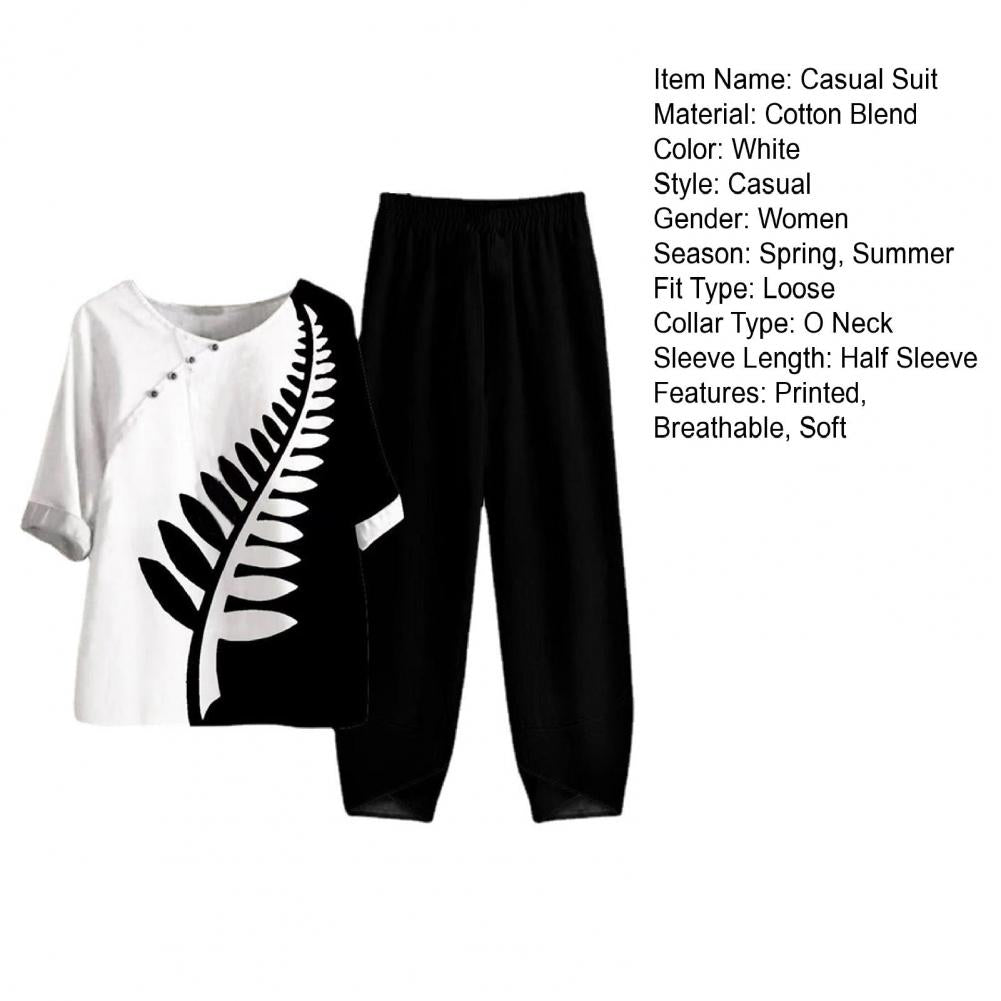 Elegant  Women Outfit Breathable Flower Pattern Blouse Trousers Half Sleeves Soft Blouse Pants Spring Clothes