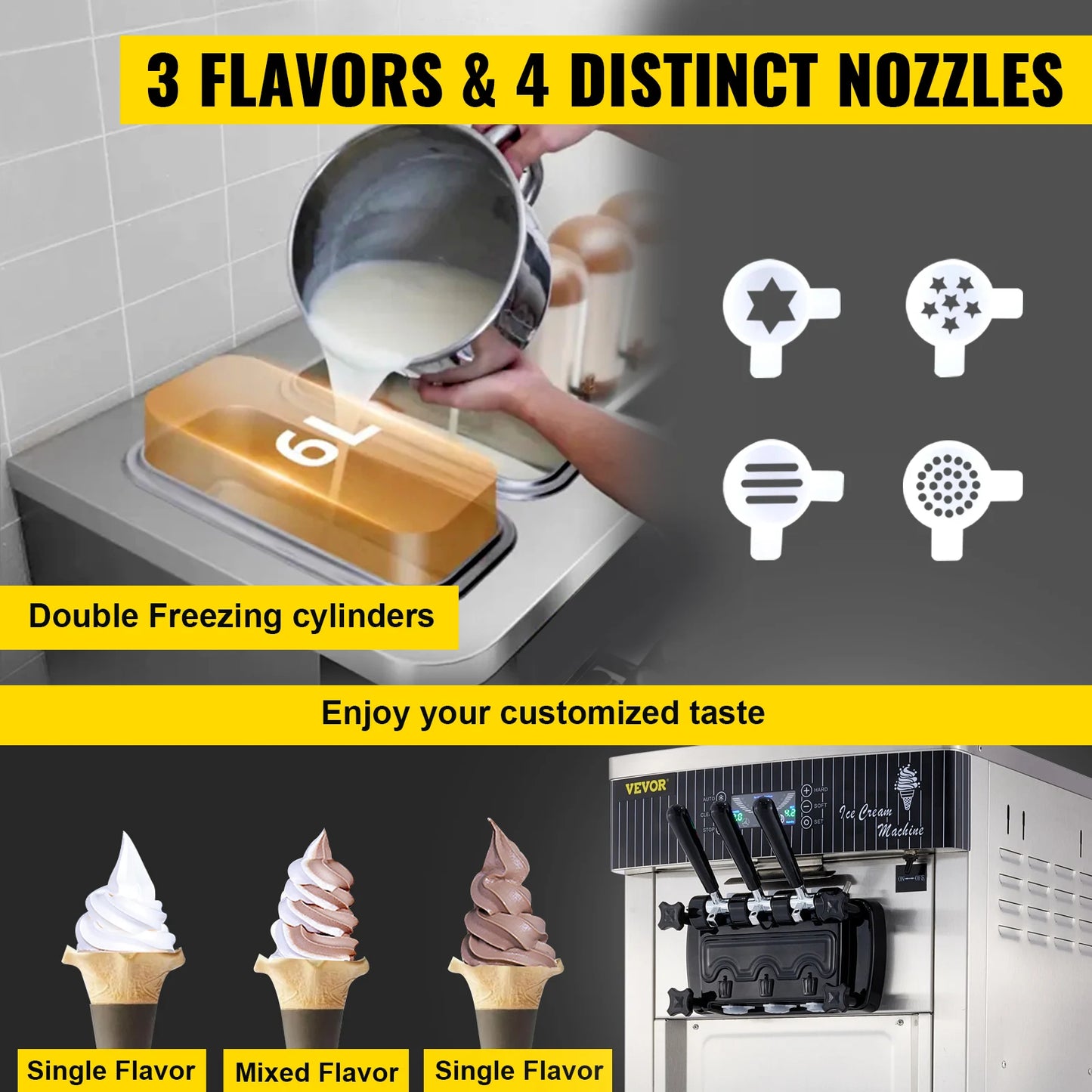 VEVOR 2200W Commercial Soft Ice Cream Maker Machine Ice Cream Maker Double 6L Hoppers Ice Cream Making Machine for restaurant
