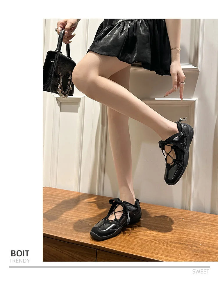 Ballet Flat Sneakers Women's Thick Bottom Bowknot Hollow Out Shoes Fashion Designer Mary Jane Ballet Comfort Shoes Female