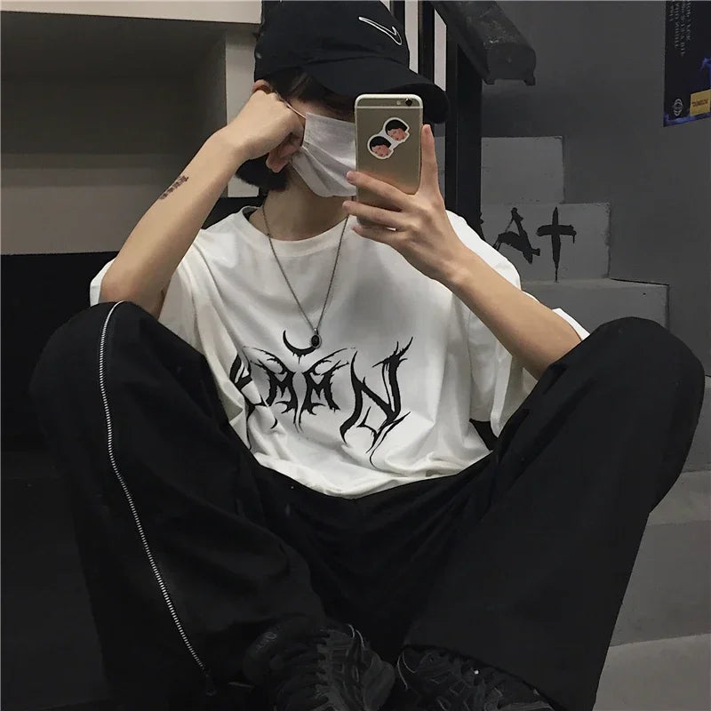 Women T Shirt Hip-Hop Loose Punk Letter Print Tops Tee Black T-shirt Female Summer T-shirt Graphic Tee Female Cute Tops Tee