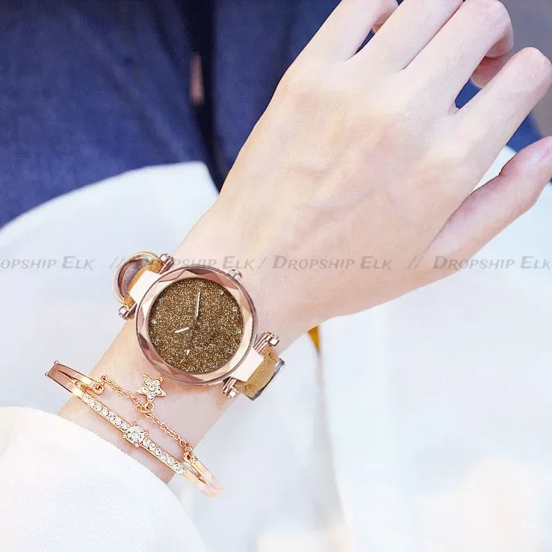Casual Uhren Damen Romantischer Sternenhimmel - Uhr Armband Leder Strass Designer - Damen Uhr Einfaches Kleid Geschenk
