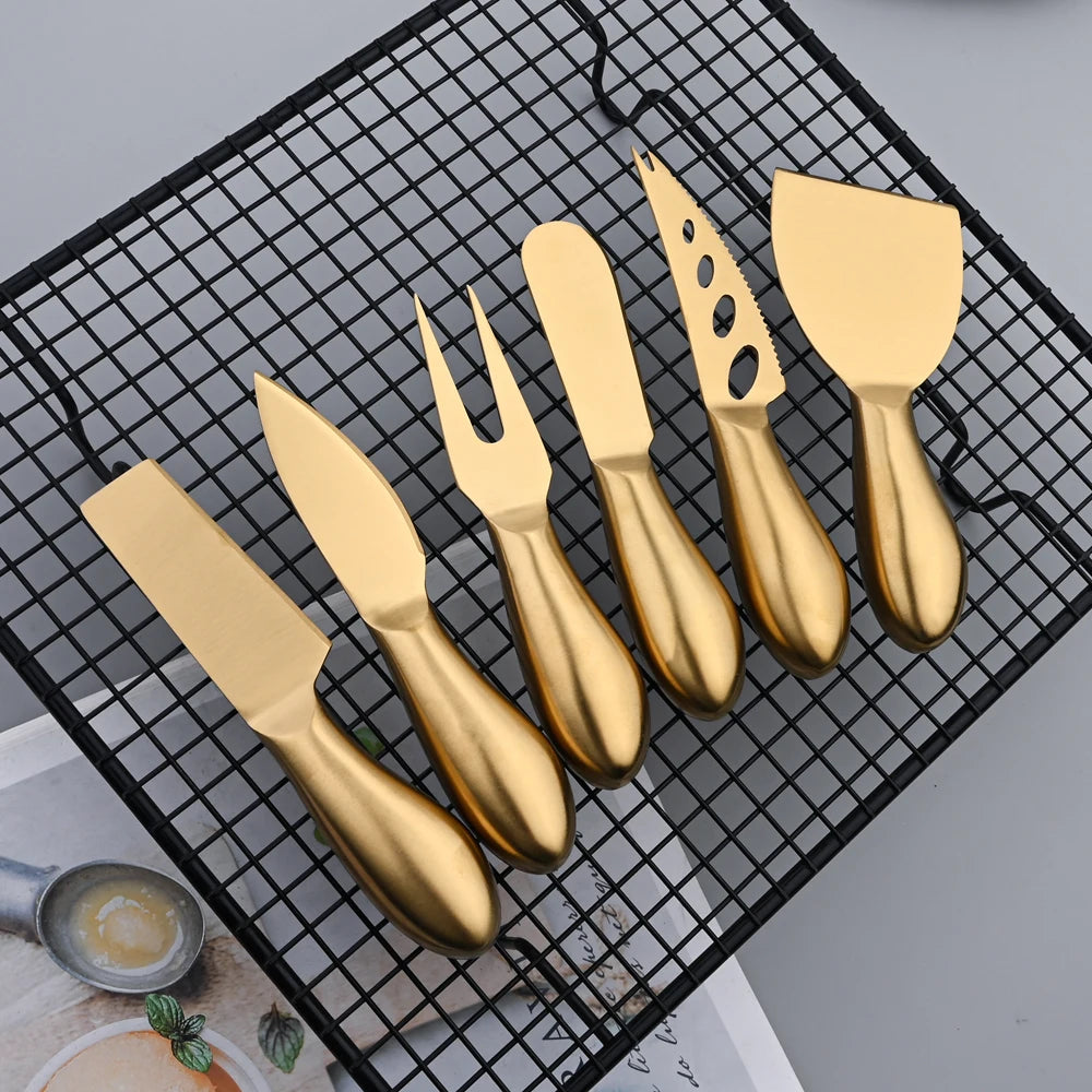 AJOYOUS Cheese Knife Set Cheese Stainless Steel 6Pcs Gold Cheese Slicer Cutter Handle Mini Knife Butter Knife Spatula Fork Matte