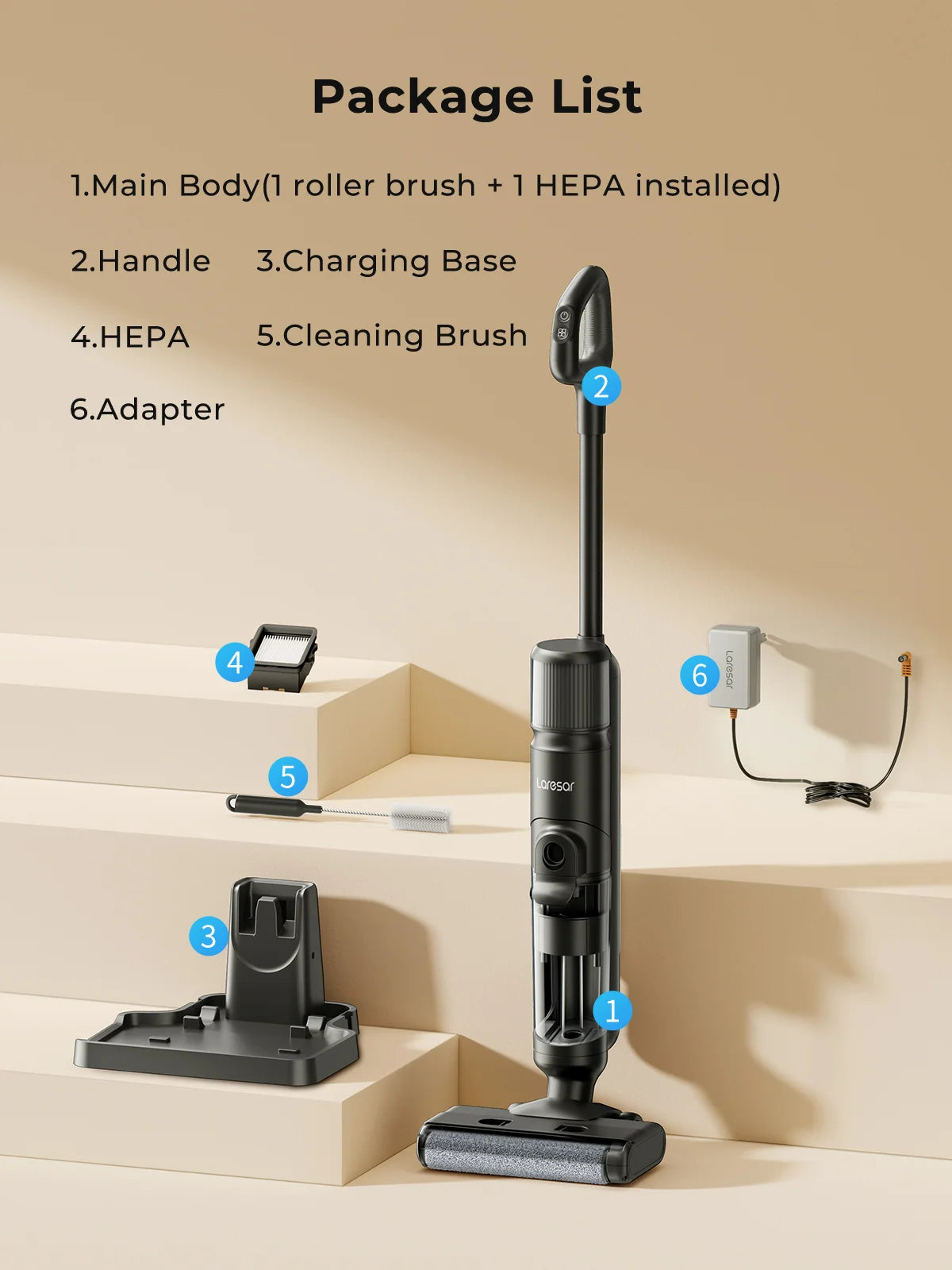 Aspirator fără fir Laresar M3 pentru curățarea umedă și uscată - 55 de minute de funcționare, autocurățare, detectare margini