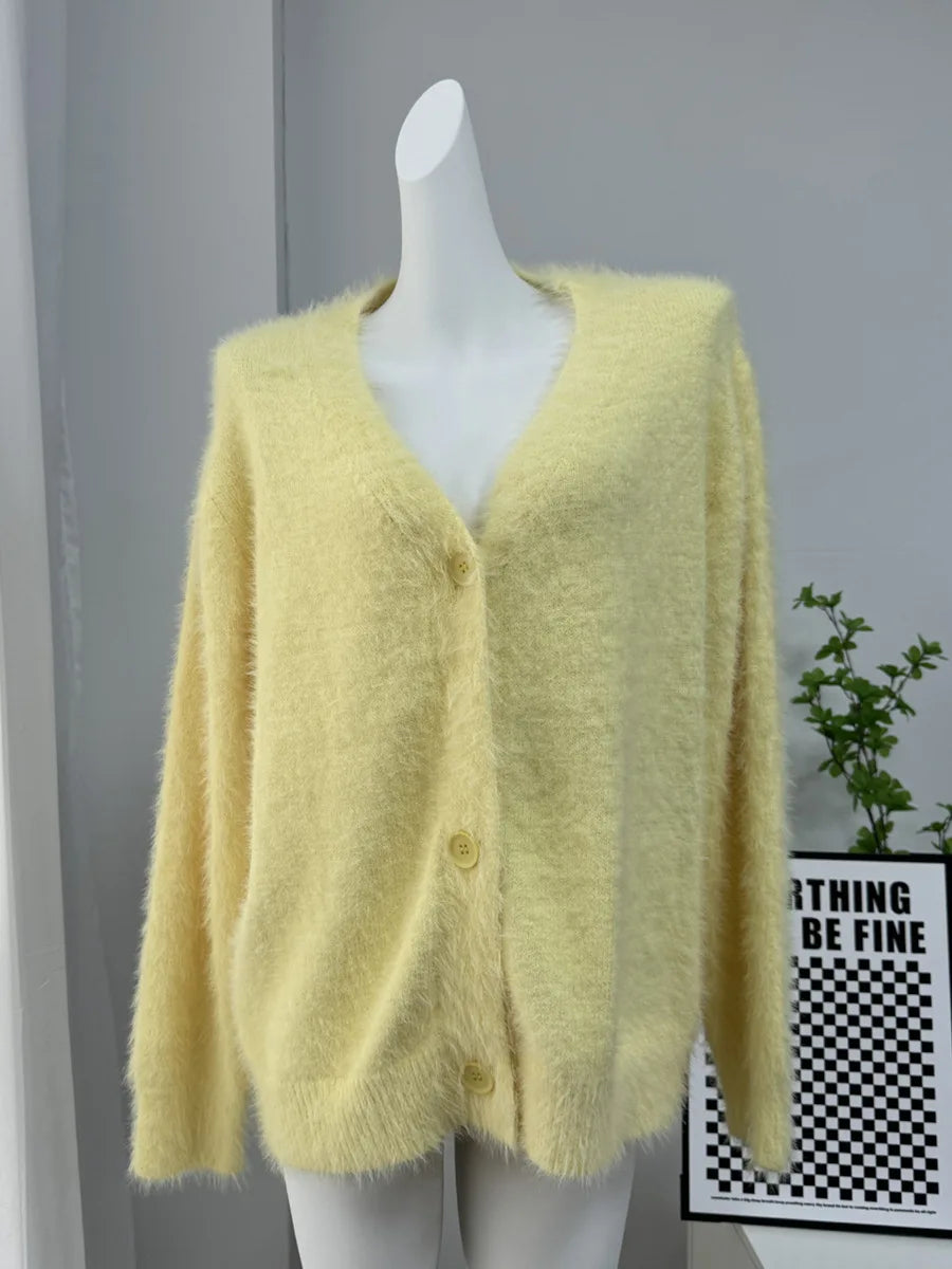 Frauen Kaschmir Strickjacke V-Ausschnitt - Gr. S-XL, lang