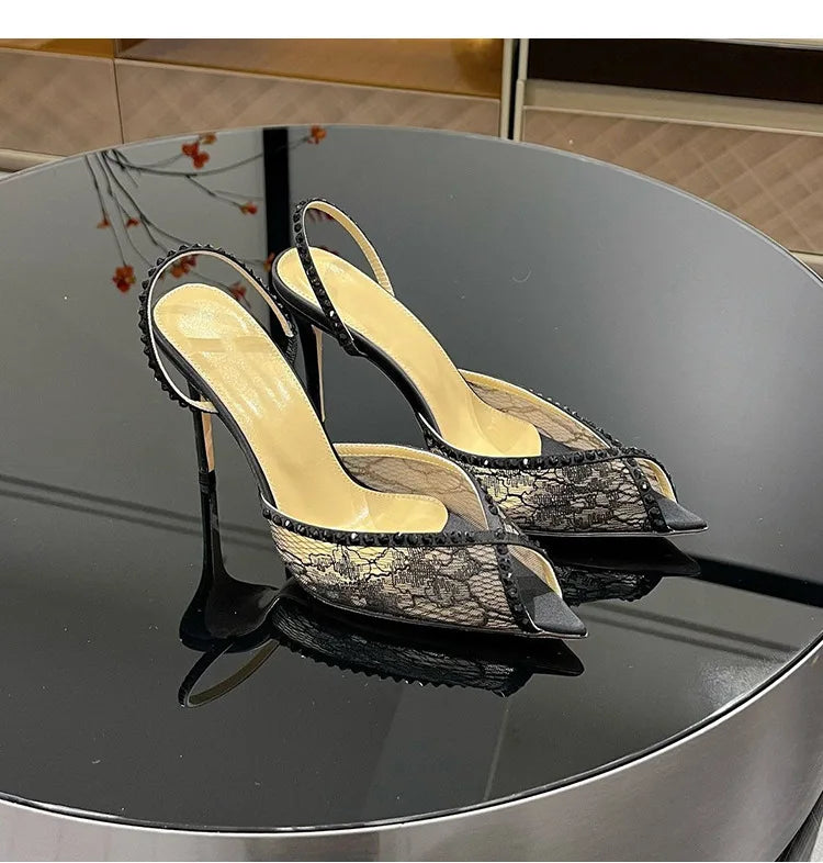 Elegant Women Pointed Toe Rhinestone High Heeled Shoes for Woman's Lace Peep Toe Thin Heels Sandals elegant Ladies Wedding Pumps