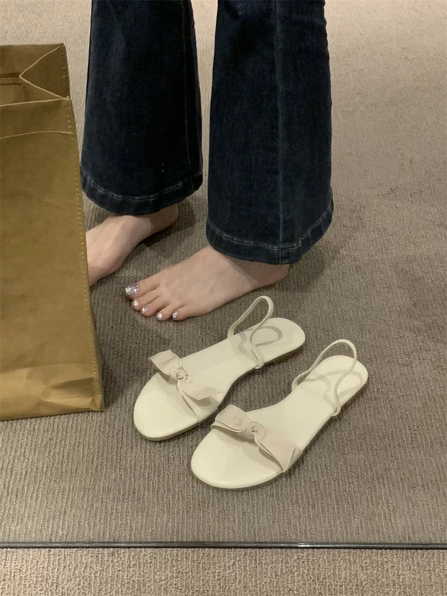 Flat Bottomed Slippers for Women Summer Bow Shaped Slimming Straight Strap Flat Sandals Women's Open Toed French Slippers Womens